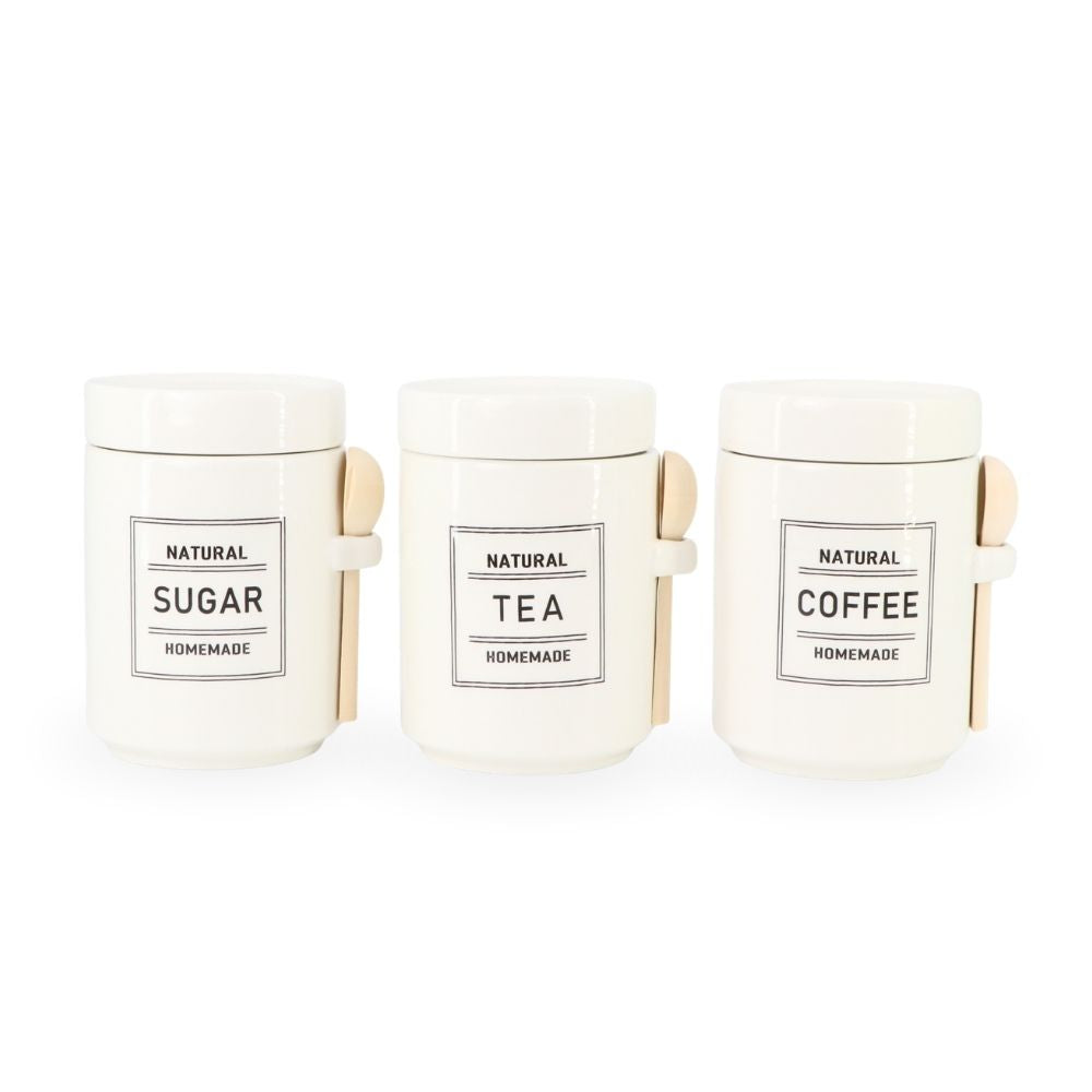 White Ceramic Sugar, Tea & Coffee Jars w/ Wooden Spoon