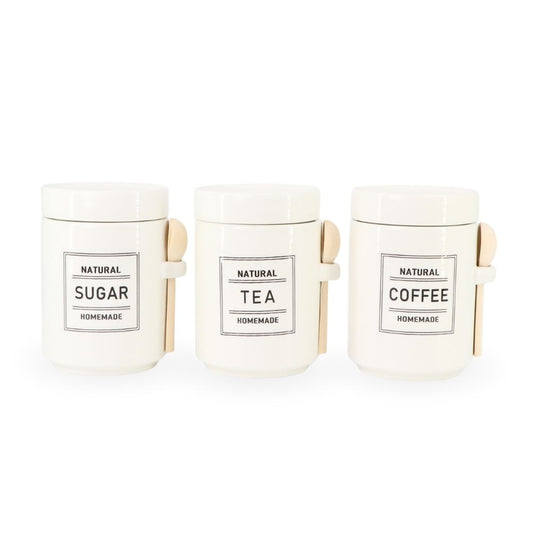 White Ceramic Sugar, Tea & Coffee Jars w/ Wooden Spoon