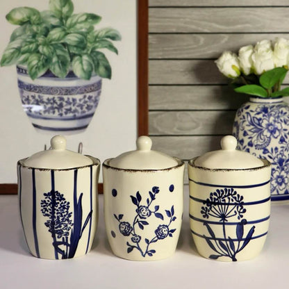 White Ceramic Jar w/ Blue Flower