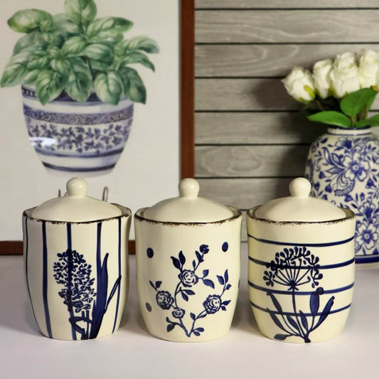 White Ceramic Jar w/ Blue Flower