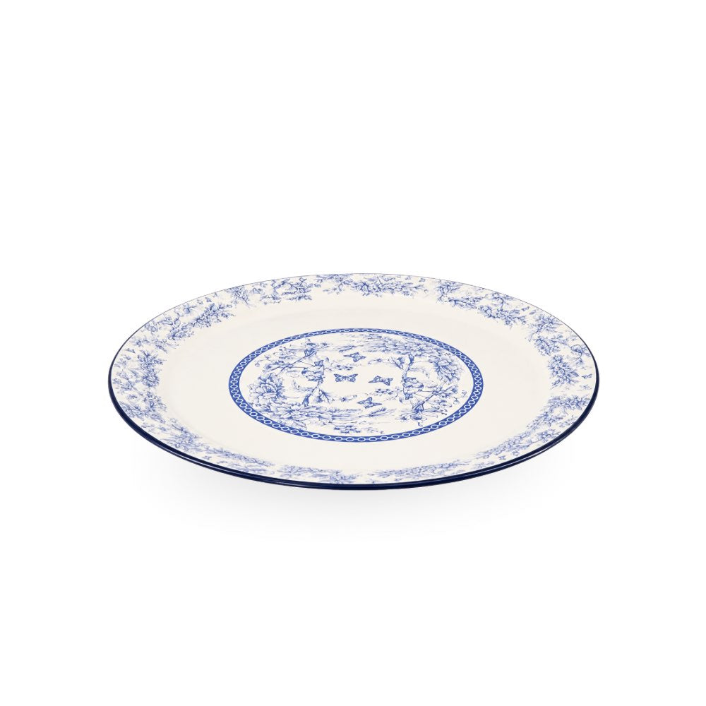 Enamel Metal Tray Round Blue Floral 35cm