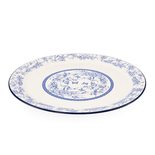 Enamel Metal Tray Round Blue Floral 40cm