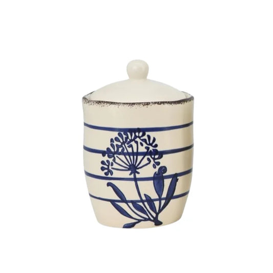 White Ceramic Jar w/ Blue Flower