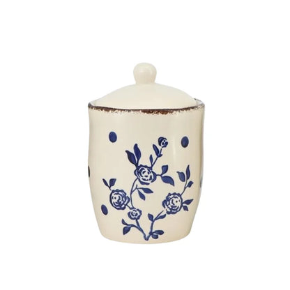 White Ceramic Jar w/ Blue Flower