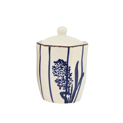 White Ceramic Jar w/ Blue Flower