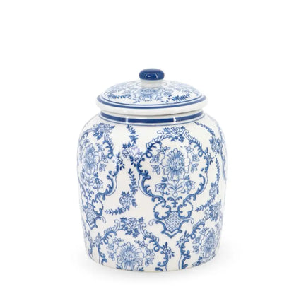 Blue and white ceramic jar with intricate patterns on a white background