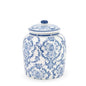Blue and white ceramic jar with intricate patterns on a white background