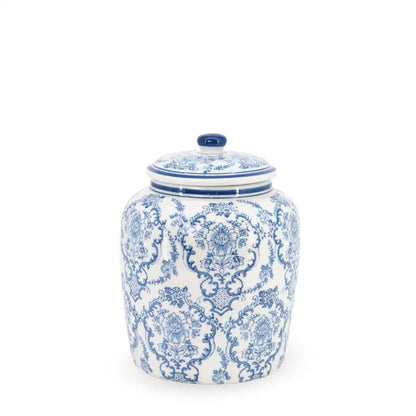 Decorative ceramic jar with blue floral patterns on a white background