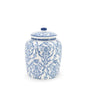 Decorative ceramic jar with blue floral patterns on a white background