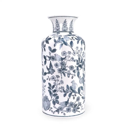 Decorative vase with blue floral and bird pattern on a white background