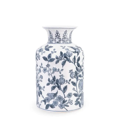 White vase with blue floral patterns on a white background
