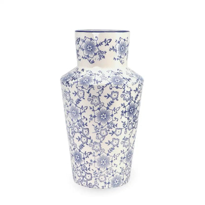 Ceramic vase with blue floral pattern on a white background