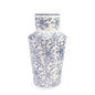 Ceramic vase with blue floral pattern on a white background
