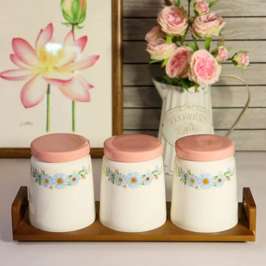 3 Pcs Ceramic Jars w/ Wooden Stand Pink