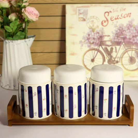 3 Pcs Ceramic Jars w/ Wooden Stand Blue