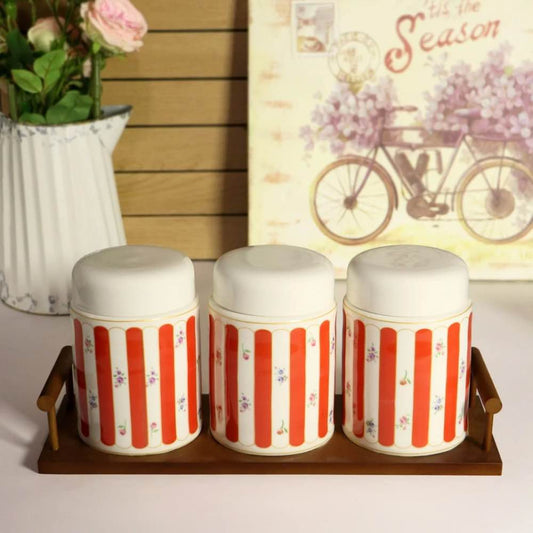 3 Pcs Ceramic Jars w/ Wooden Stand Red