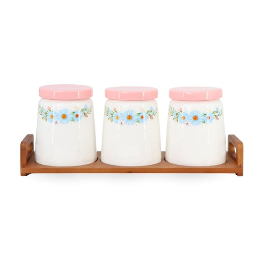 3 Pcs Ceramic Jars w/ Wooden Stand Pink