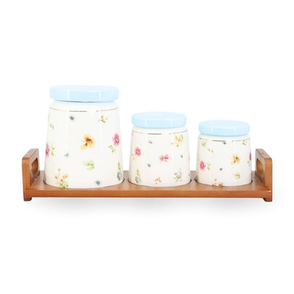3 Pcs Ceramic Jars w/ Wooden Stand Blue