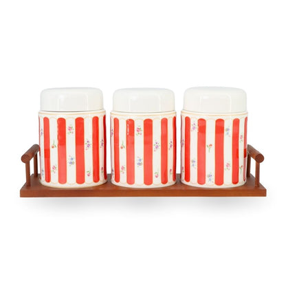 3 Pcs Ceramic Jars w/ Wooden Stand Red
