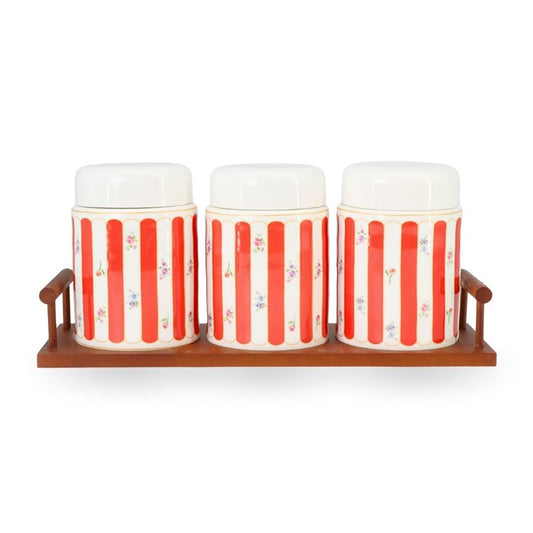 3 Pcs Ceramic Jars w/ Wooden Stand Red