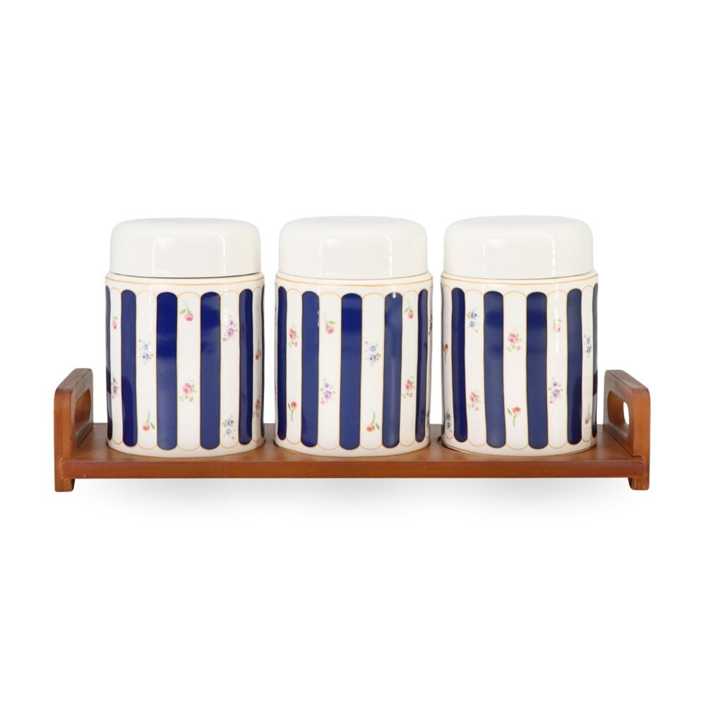 3 Pcs Ceramic Jars w/ Wooden Stand Blue