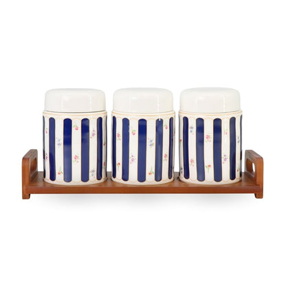 3 Pcs Ceramic Jars w/ Wooden Stand Blue