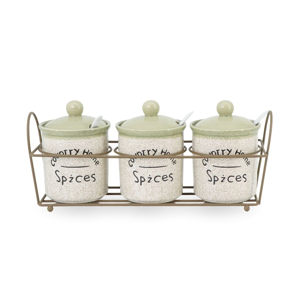 3 Pcs Ceramic Jars w/ Metal Stand Green