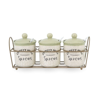 3 Pcs Ceramic Jars w/ Metal Stand Green