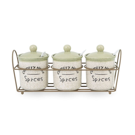 3 Pcs Ceramic Jars w/ Metal Stand Green