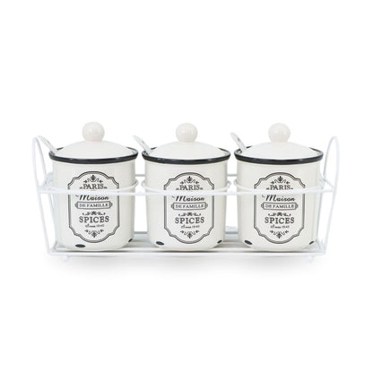 3 Pcs Vintage Ceramic Jars w/ Metal Stand White