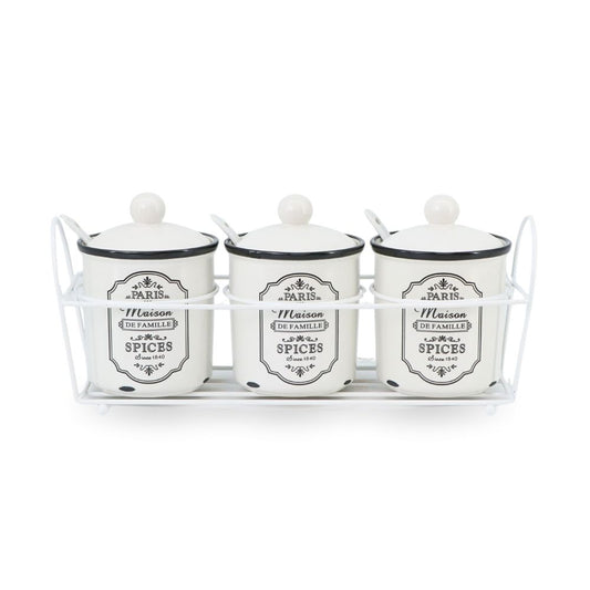 3 Pcs Vintage Ceramic Jars w/ Metal Stand White