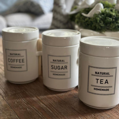 White Ceramic Sugar, Tea & Coffee Jars w/ Wooden Spoon
