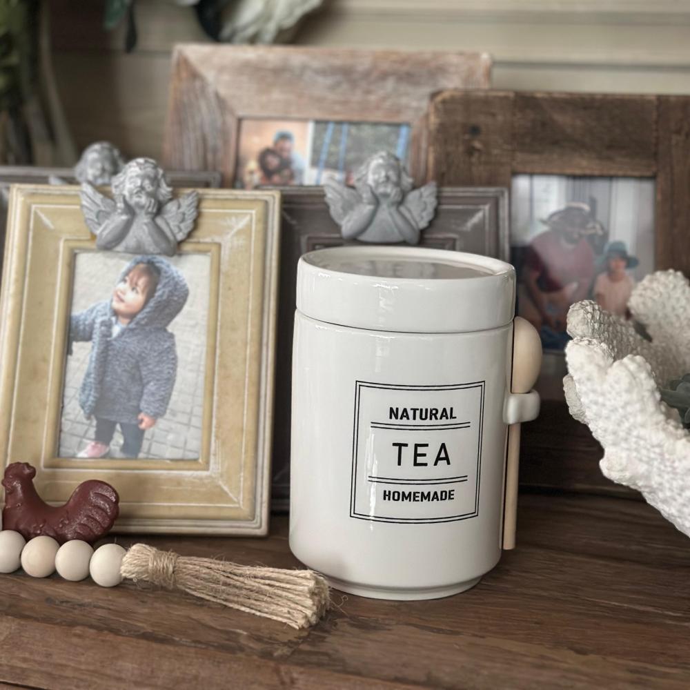 White Ceramic Sugar, Tea & Coffee Jars w/ Wooden Spoon