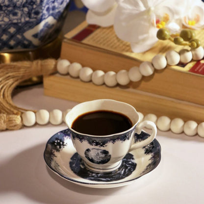 6 Cup Espresso Coffee Cup & Saucer Set English Blue