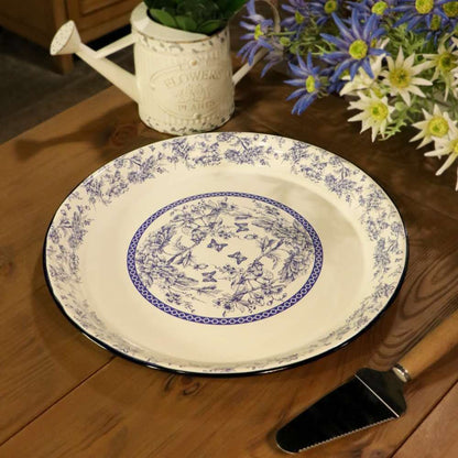 Enamel Metal Tray Round Blue Floral 40cm