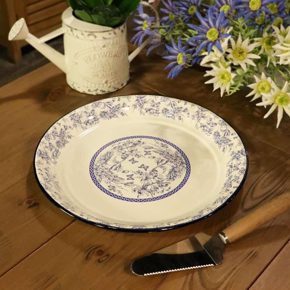 Enamel Metal Tray Round Blue Floral 35cm