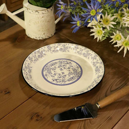 Enamel Metal Tray Round Blue Floral 30cm