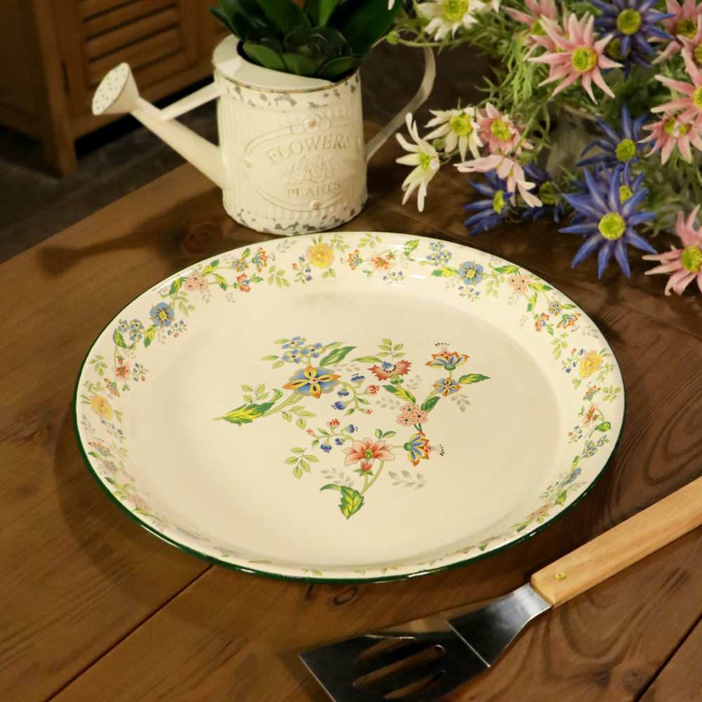 Enamel Metal Tray Round Floral 40cm