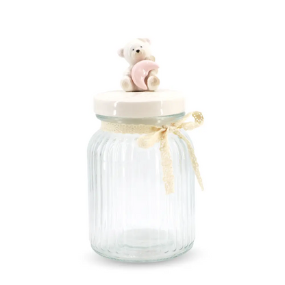 Glass Canister w/ Lid Bear Medium White