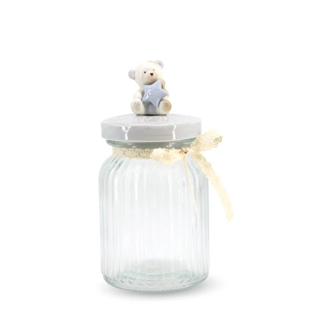 Glass Canister w/ Lid Bear Medium Blue