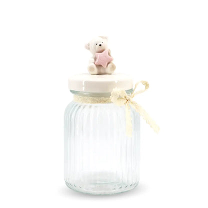 Glass Canister w/ Lid Bear Medium White