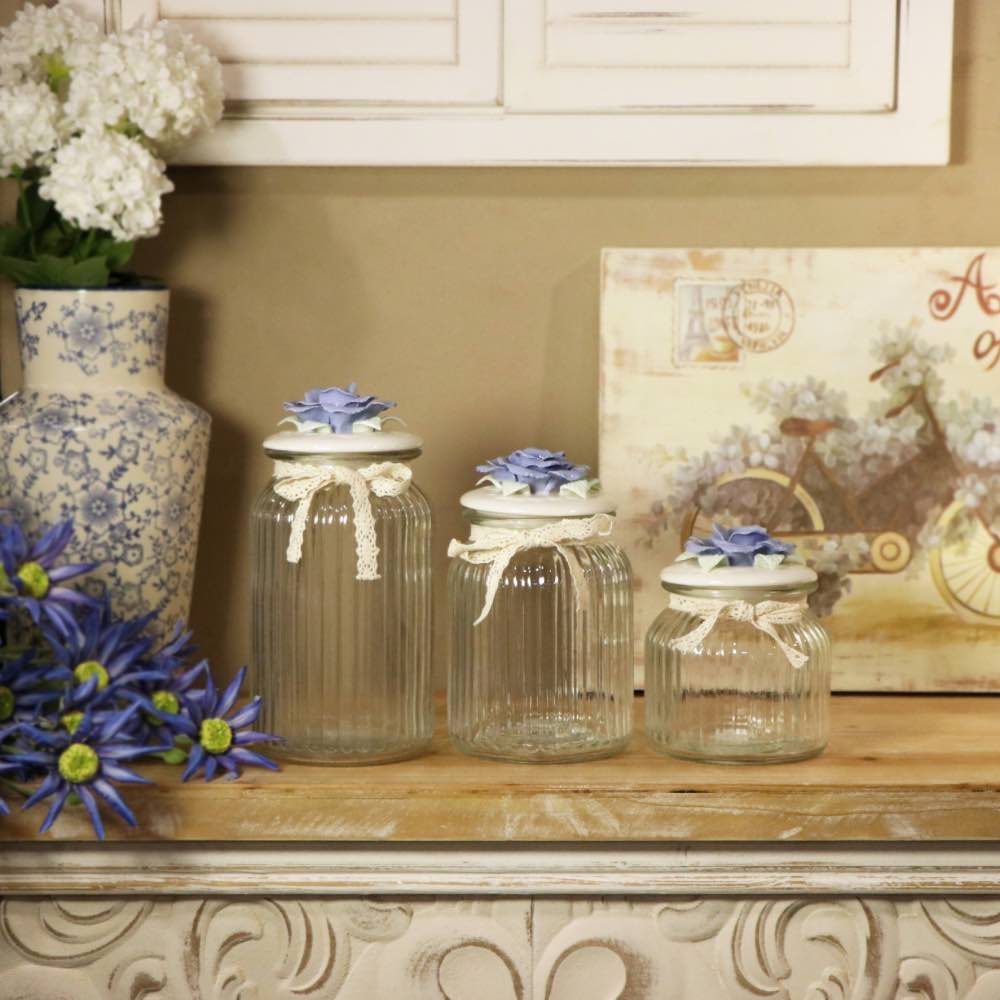 Glass Canister w/ Lid Blue Rose Large