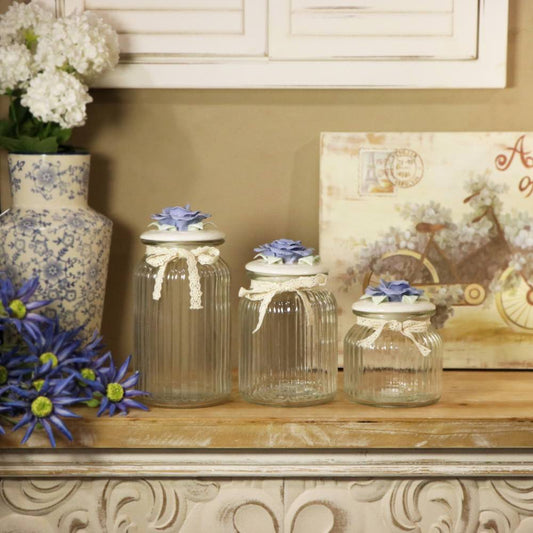 Glass Canister w/ Lid Blue Rose Large