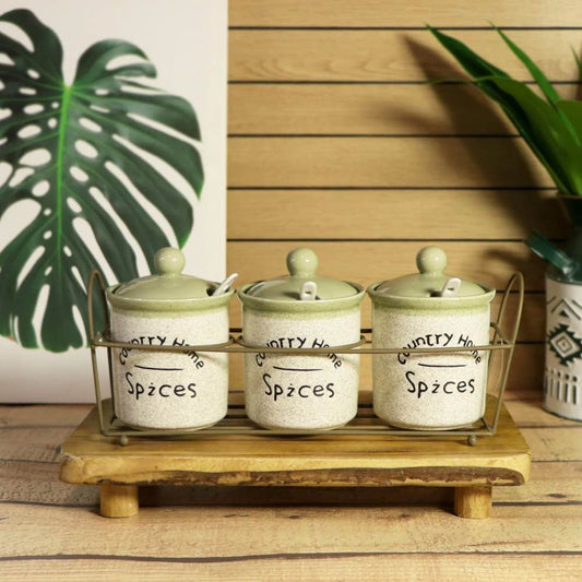 3 Pcs Ceramic Jars w/ Metal Stand Green