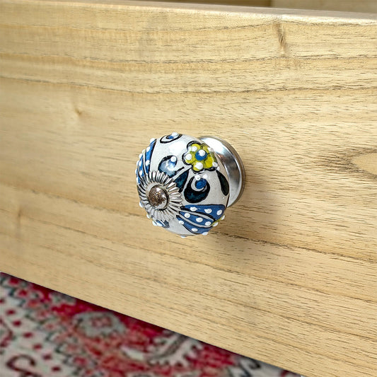 Ceramic Round Drawer Knob Blue & Yellow