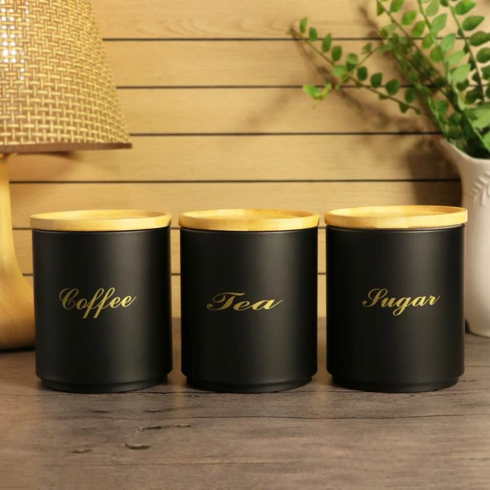 Black Enamel Metal Sugar Coffee Tea Canisters