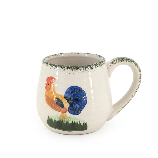 Ceramic mug with a painted rooster design on a white background