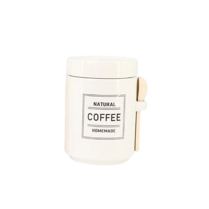 White Ceramic Sugar, Tea & Coffee Jars w/ Wooden Spoon