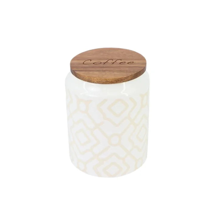 White Ceramic Sugar Coffee Tea Jar w/ Wooden Lid