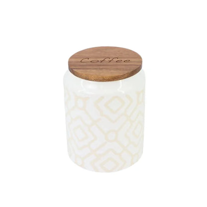 White Ceramic Sugar Coffee Tea Jar w/ Wooden Lid